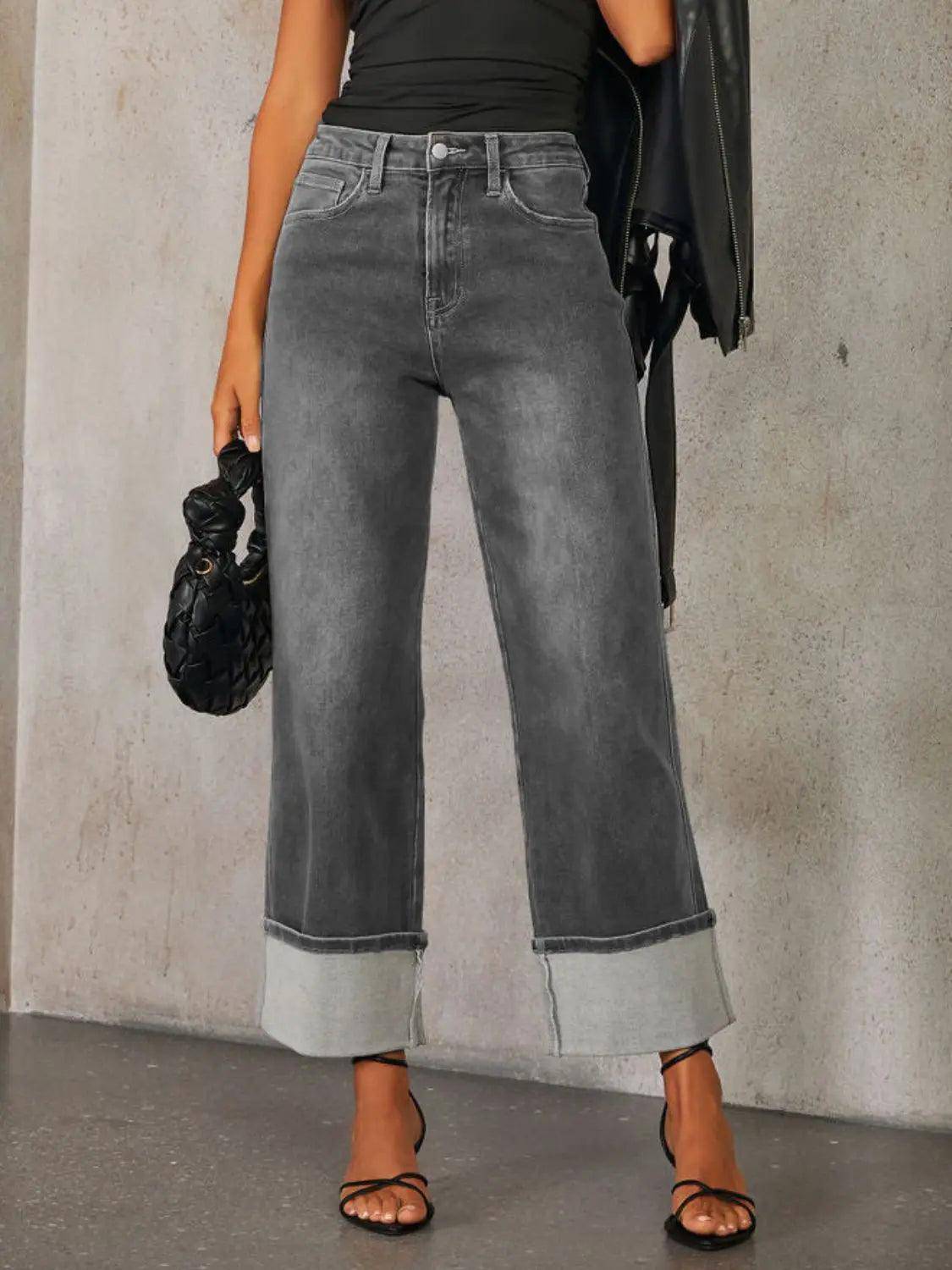 High Waisted Straight Leg Rolled Jeans - Urban Trend Fashion