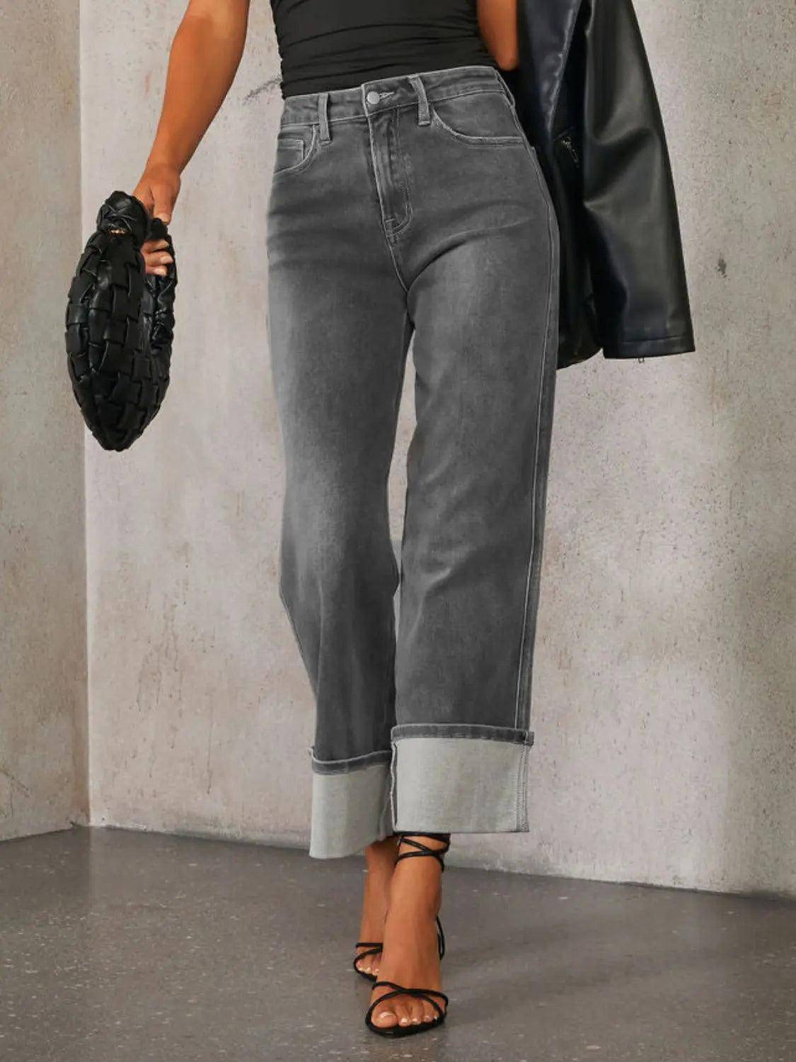 High Waisted Straight Leg Rolled Jeans - Urban Trend Fashion