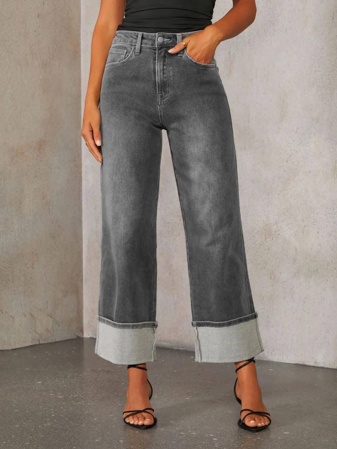 High Waisted Straight Leg Rolled Jeans - Urban Trend Fashion