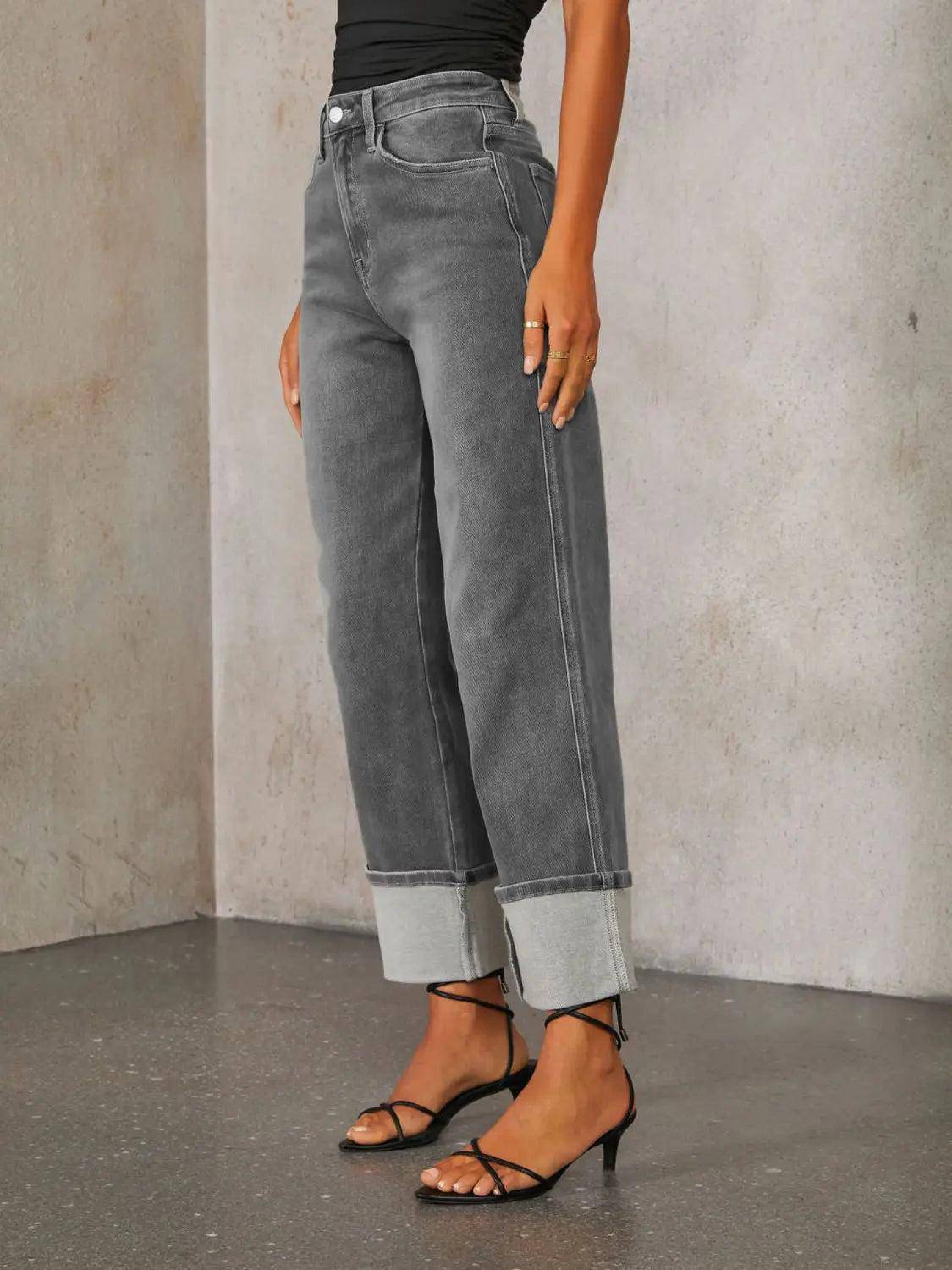 High Waisted Straight Leg Rolled Jeans - Urban Trend Fashion