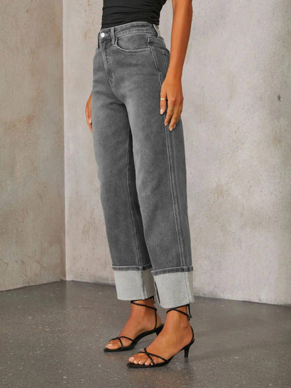 High Waisted Straight Leg Rolled Jeans - Urban Trend Fashion