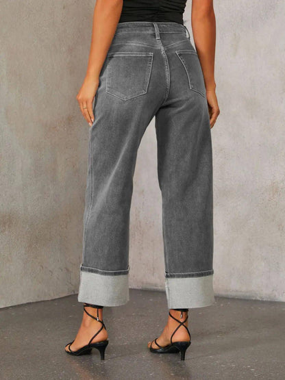 High Waisted Straight Leg Rolled Jeans - Urban Trend Fashion