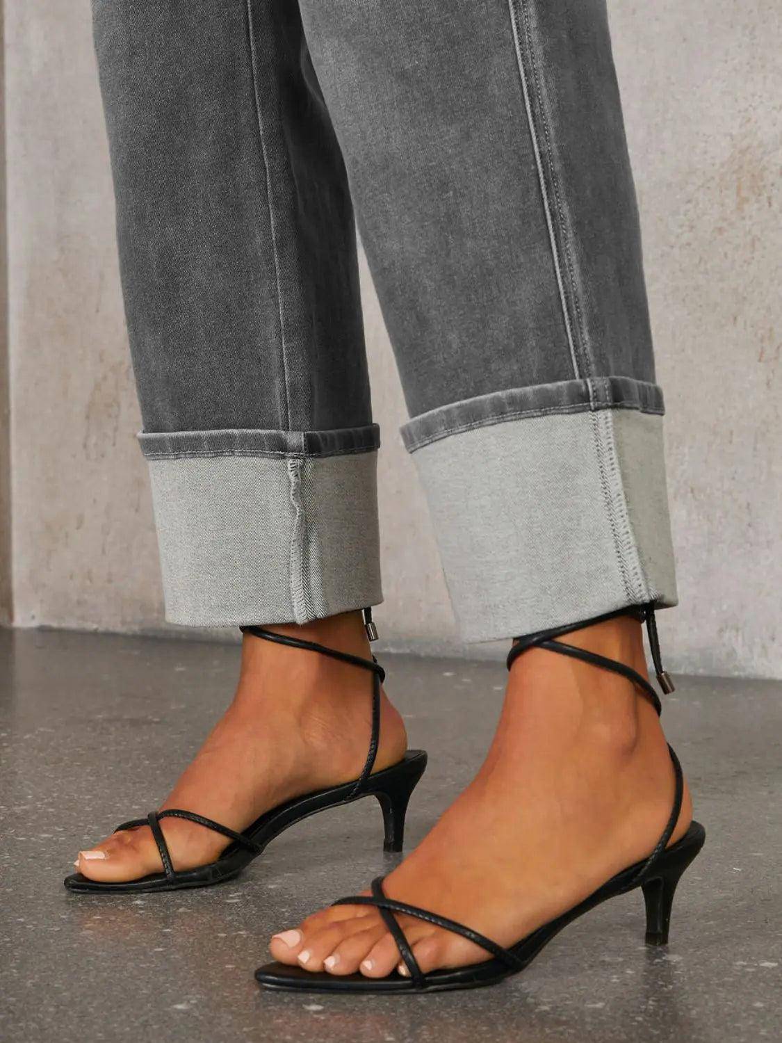 High Waisted Straight Leg Rolled Jeans - Urban Trend Fashion