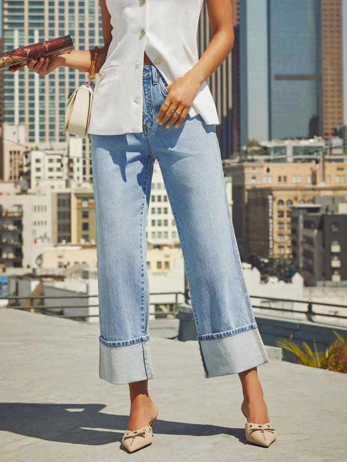 High Waisted Straight Leg Rolled Jeans - Urban Trend Fashion