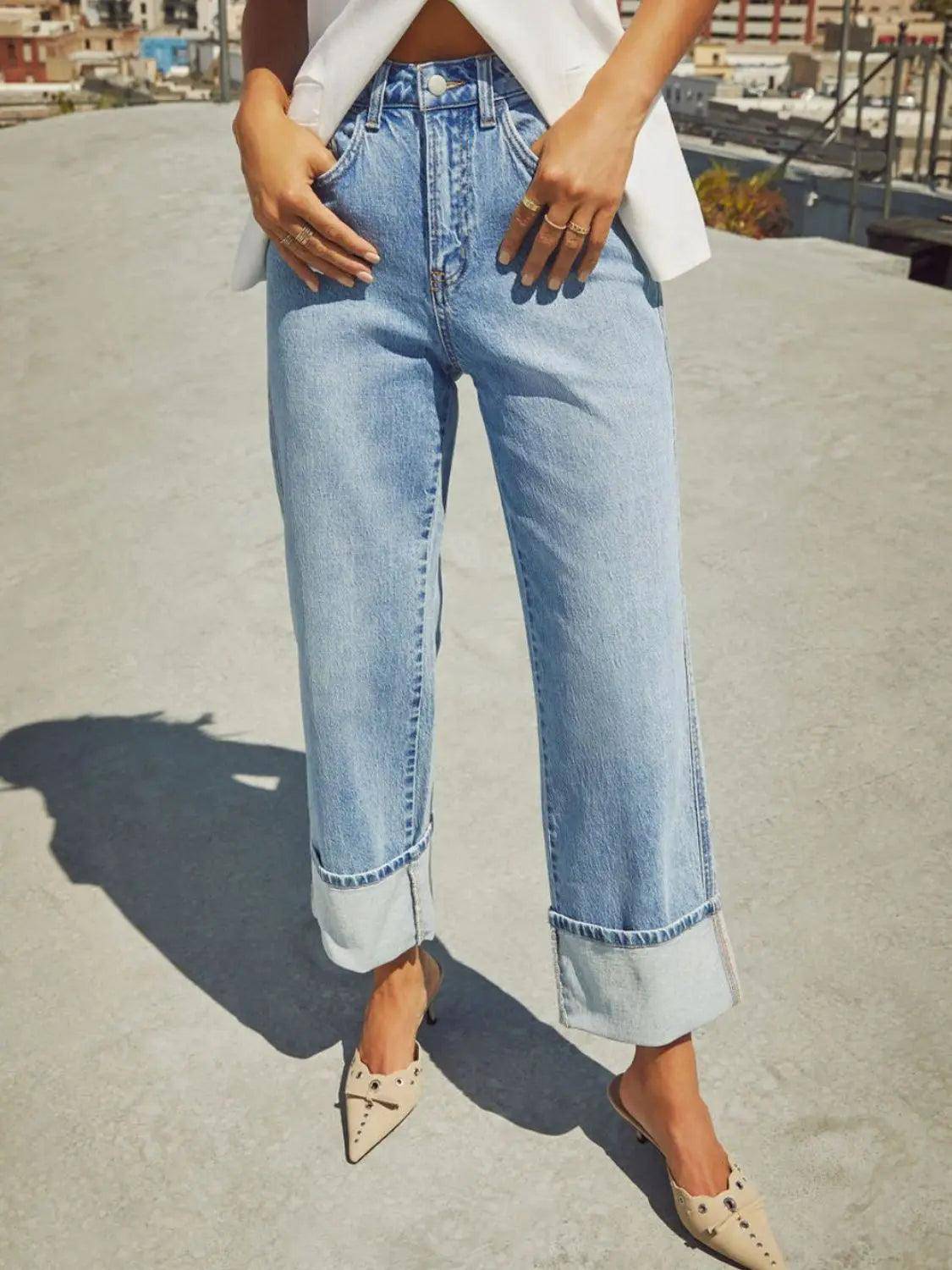 High Waisted Straight Leg Rolled Jeans - Urban Trend Fashion