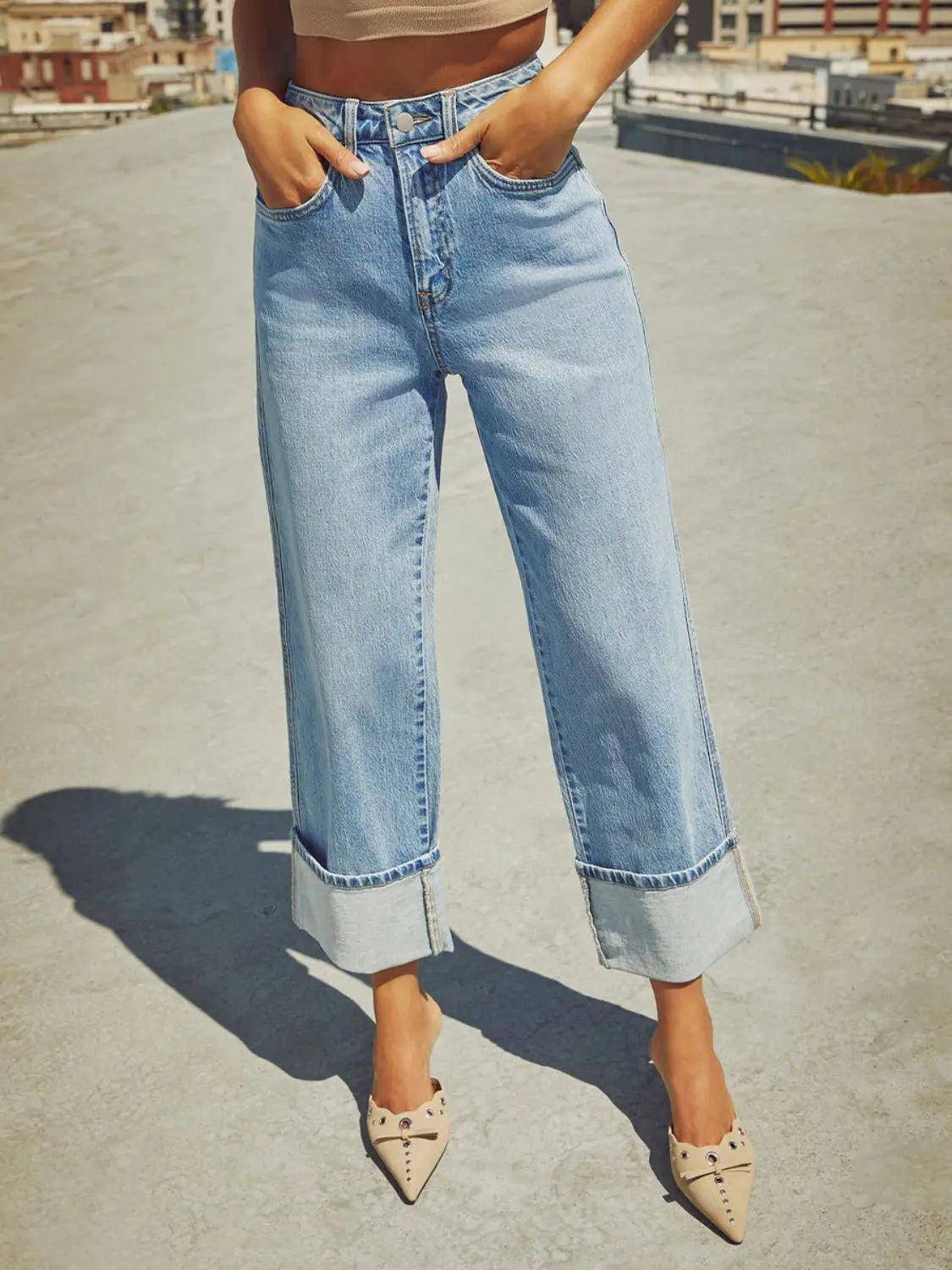 High Waisted Straight Leg Rolled Jeans - Urban Trend Fashion