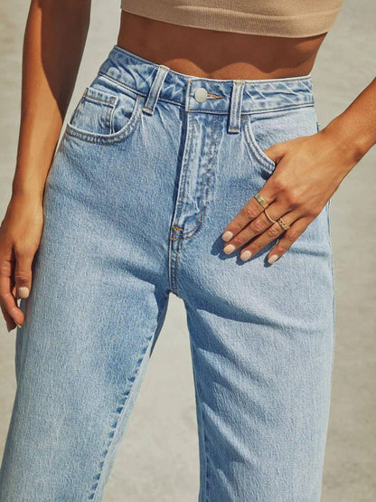 High Waisted Straight Leg Rolled Jeans - Urban Trend Fashion