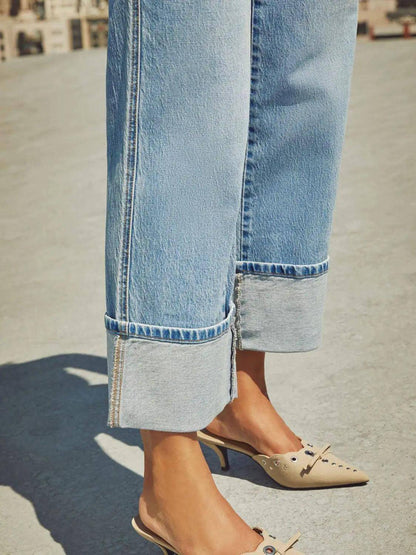 High Waisted Straight Leg Rolled Jeans - Urban Trend Fashion