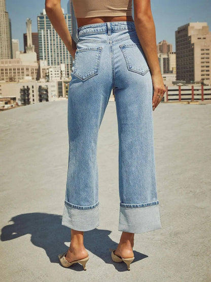 High Waisted Straight Leg Rolled Jeans - Urban Trend Fashion