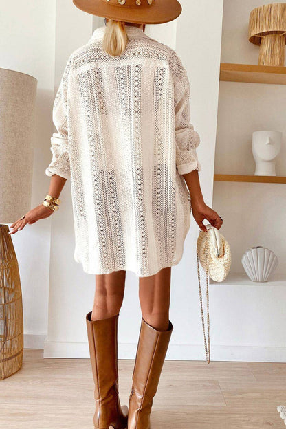 Lace Crochet Collared Neck Oversized Shirt - Urban Trend Fashion