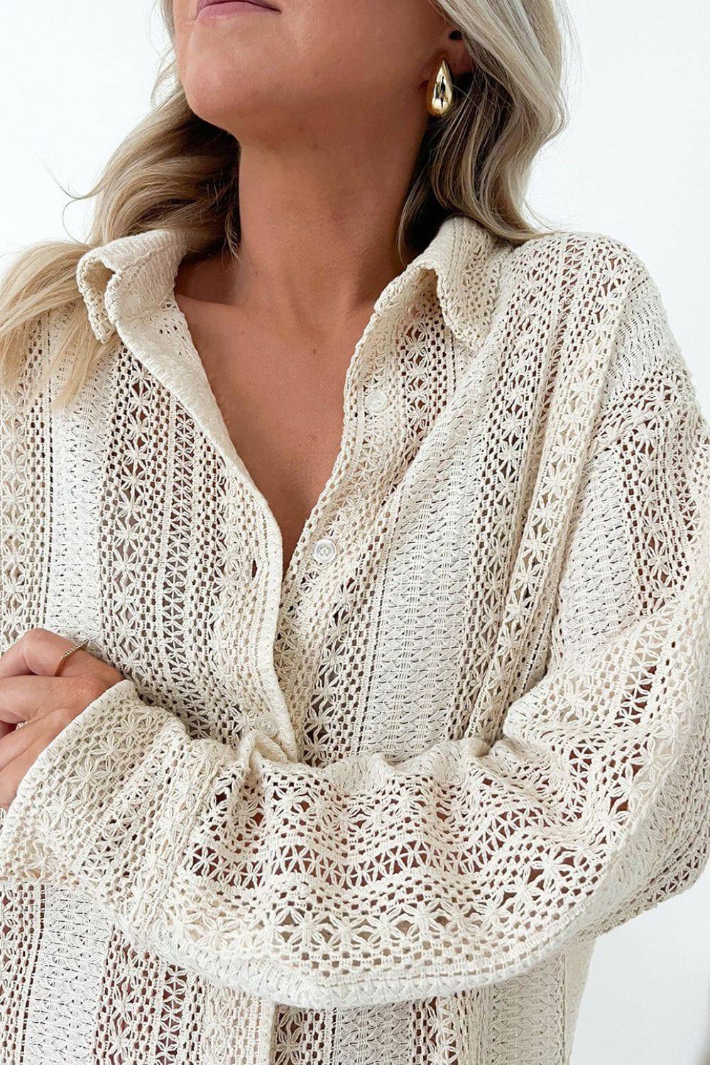 Lace Crochet Collared Neck Oversized Shirt - Urban Trend Fashion