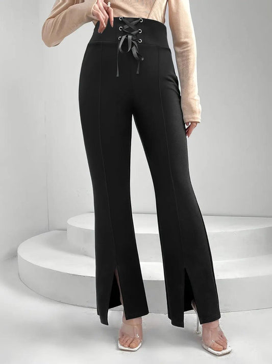 Lace Up Slit Bootcut Pants - Urban Trend Fashion