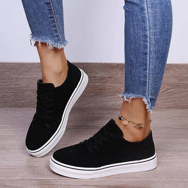 Lace-Up Suedette Flat Sneakers - Urban Trend Fashion