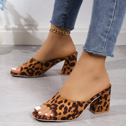 Leopard Block Heel Suede Sandals - Urban Trend Fashion