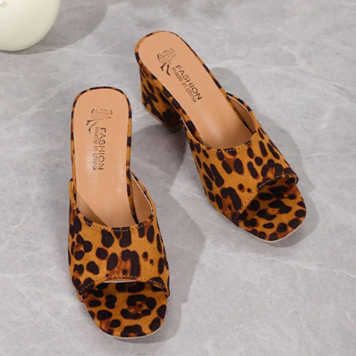 Leopard Block Heel Suede Sandals - Urban Trend Fashion