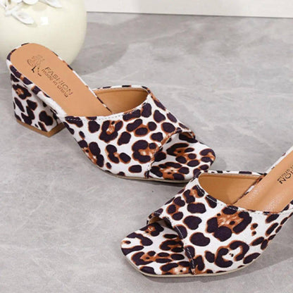 Leopard Block Heel Suede Sandals - Urban Trend Fashion