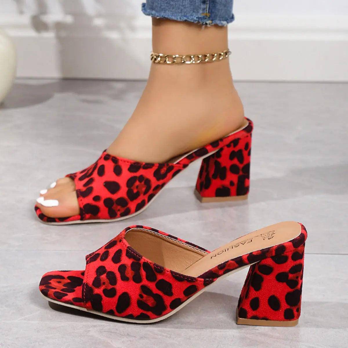 Leopard Block Heel Suede Sandals - Urban Trend Fashion