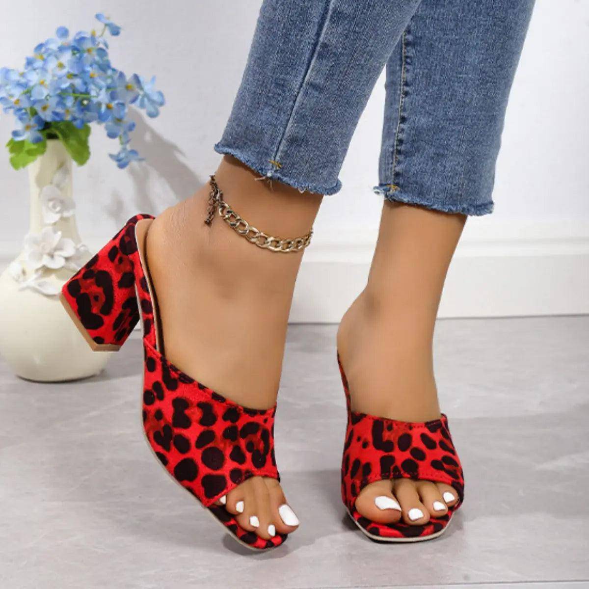 Leopard Block Heel Suede Sandals - Urban Trend Fashion