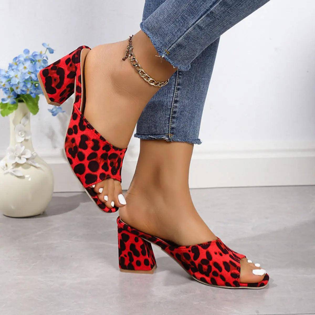 Leopard Block Heel Suede Sandals - Urban Trend Fashion