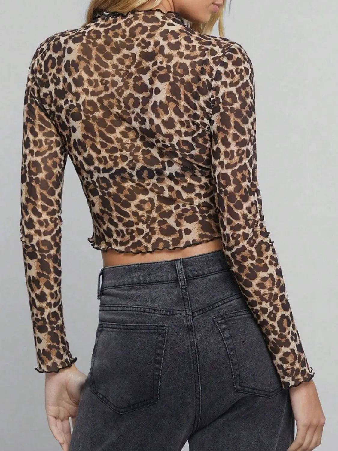 Leopard Mock Neck Long Sleeve Sheer Top - Urban Trend Fashion