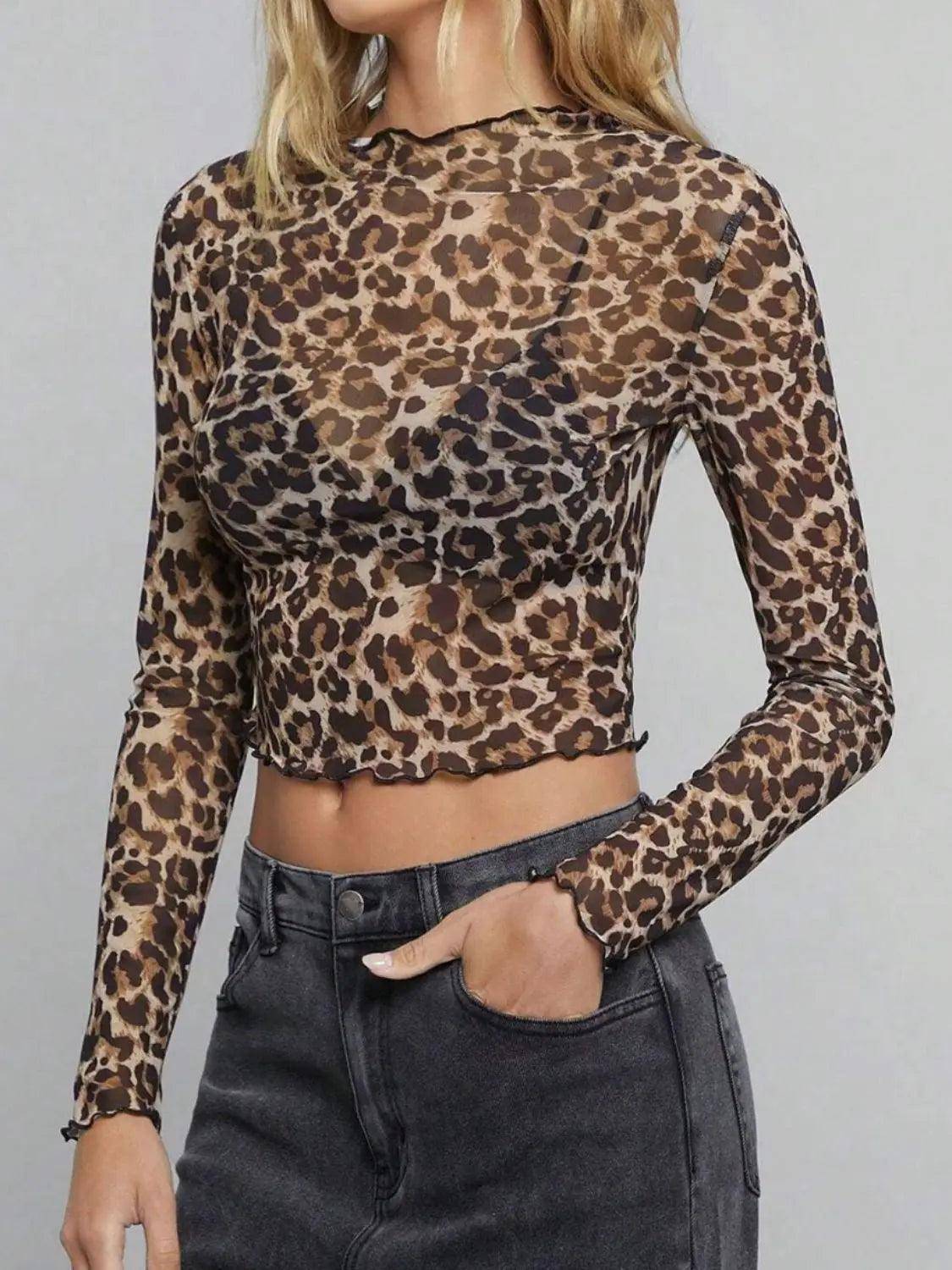 Leopard Mock Neck Long Sleeve Sheer Top - Urban Trend Fashion