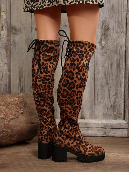 Leopard Round Toe Block Heel Boots - Urban Trend Fashion