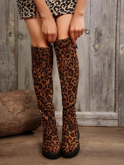 Leopard Round Toe Block Heel Boots - Urban Trend Fashion