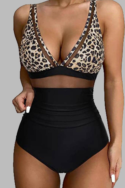 Leopard V-Neck Wide Strap One-Piece Swimwear - Urban Trend Fashion