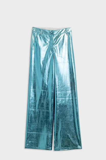 Metallic Straight Leg Pants in Blue - Urban Trend Fashion