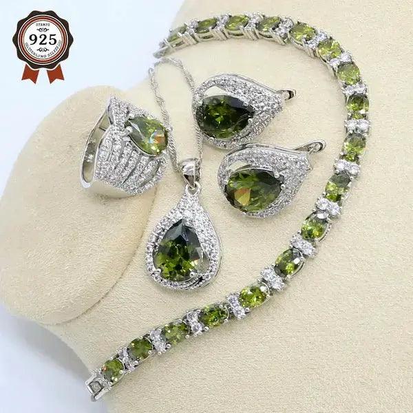 New Green Peridot Zircon Silver 925 Jewelry Set Women Bracelet Ear - Urban Trend Fashion