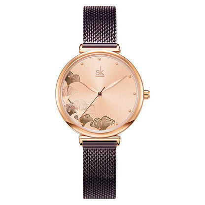 Mesh Belt Ladies Watch Rose Gold Ginkgo Leaf Pattern Female Fashion Waterproof Quartz Watch K0139 - Urban Trend Fashion