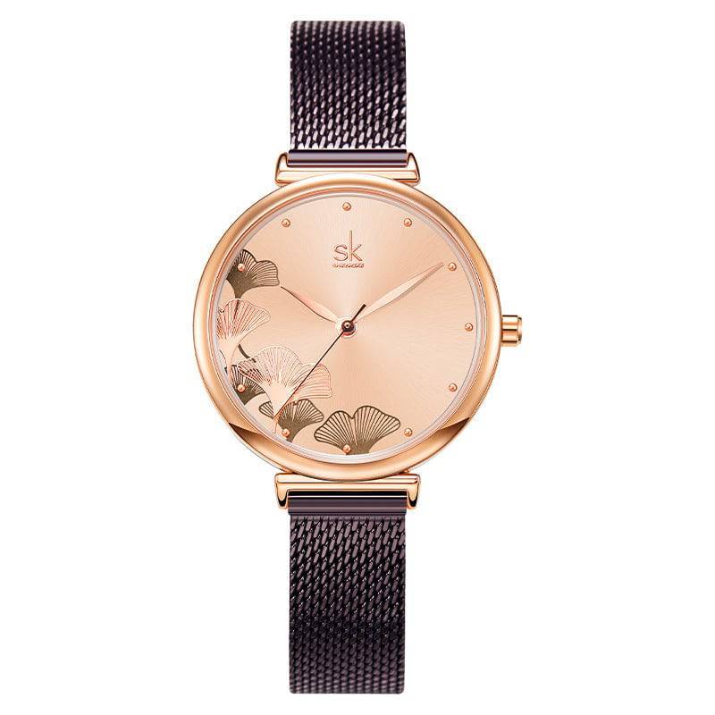 Mesh Belt Ladies Watch Rose Gold Ginkgo Leaf Pattern Female Fashion Waterproof Quartz Watch K0139 - Urban Trend Fashion