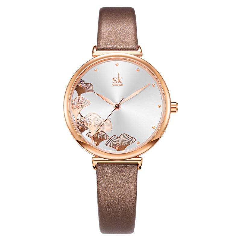 Mesh Belt Ladies Watch Rose Gold Ginkgo Leaf Pattern Female Fashion Waterproof Quartz Watch K0139 - Urban Trend Fashion