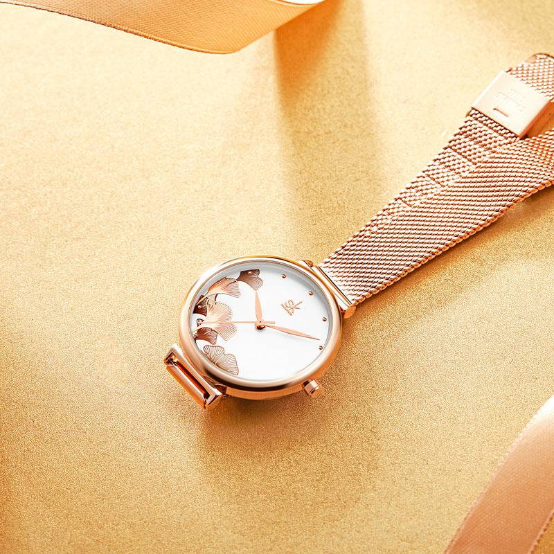 Mesh Belt Ladies Watch Rose Gold Ginkgo Leaf Pattern Female Fashion Waterproof Quartz Watch K0139 - Urban Trend Fashion