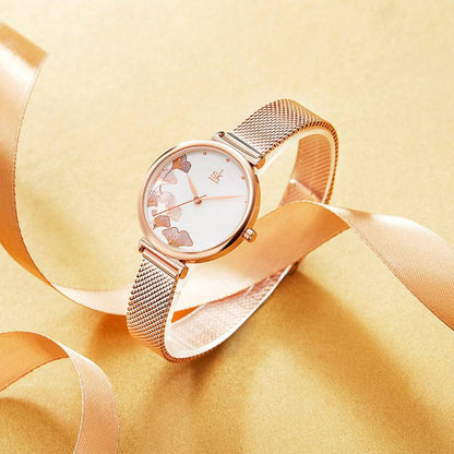 Mesh Belt Ladies Watch Rose Gold Ginkgo Leaf Pattern Female Fashion Waterproof Quartz Watch K0139 - Urban Trend Fashion