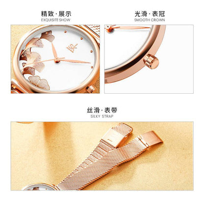 Mesh Belt Ladies Watch Rose Gold Ginkgo Leaf Pattern Female Fashion Waterproof Quartz Watch K0139 - Urban Trend Fashion