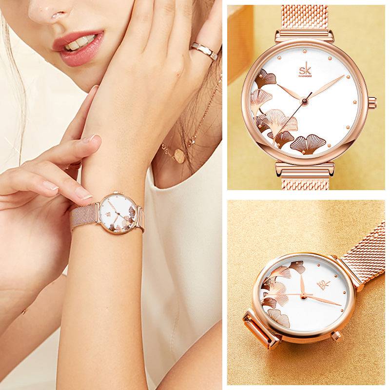 Mesh Belt Ladies Watch Rose Gold Ginkgo Leaf Pattern Female Fashion Waterproof Quartz Watch K0139 - Urban Trend Fashion