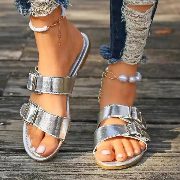 Open Toe Double Buckle Sandals - Urban Trend Fashion