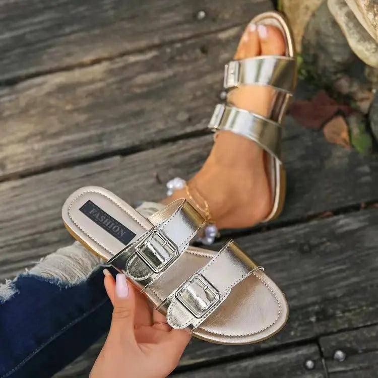 Open Toe Double Buckle Sandals - Urban Trend Fashion