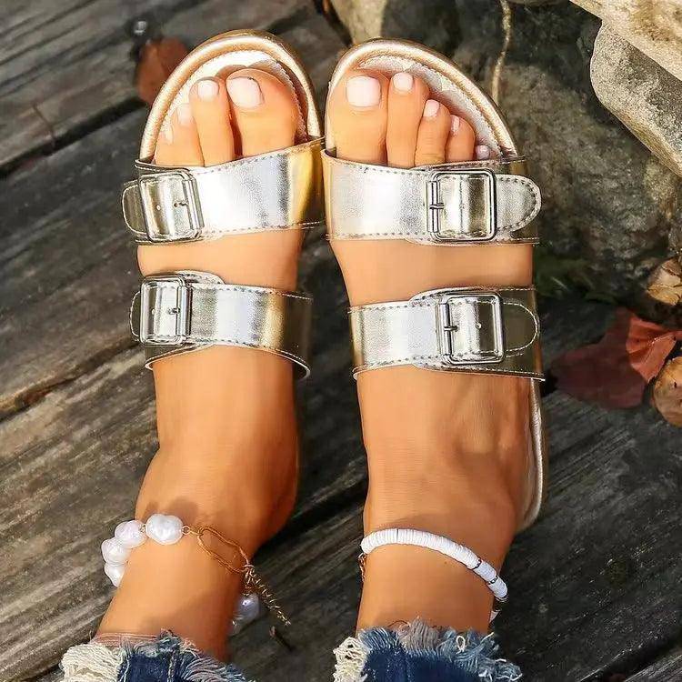 Open Toe Double Buckle Sandals - Urban Trend Fashion