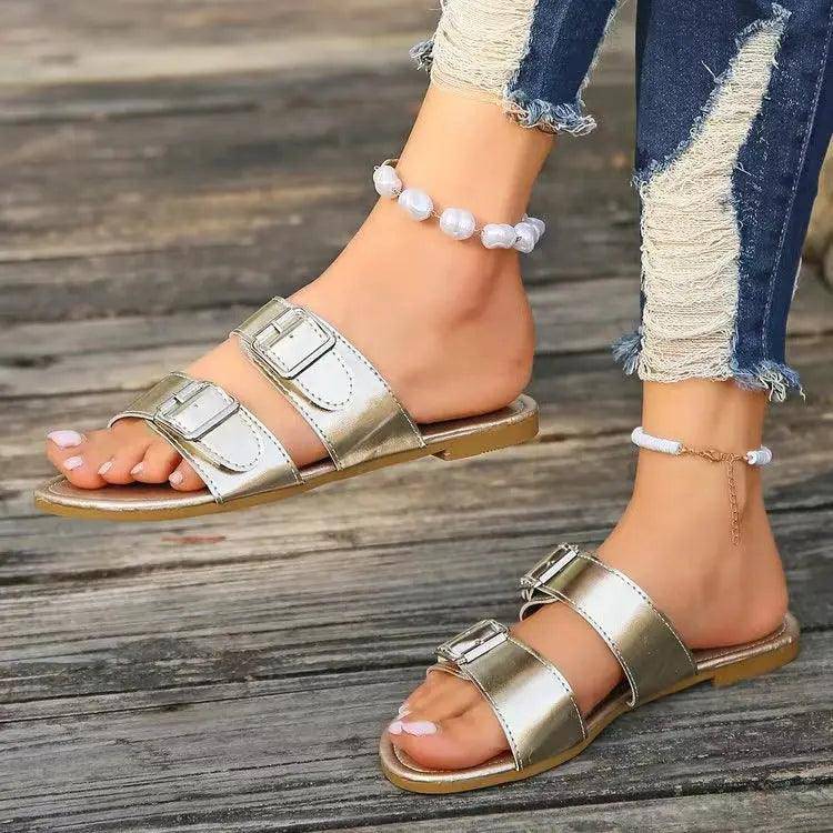 Open Toe Double Buckle Sandals - Urban Trend Fashion