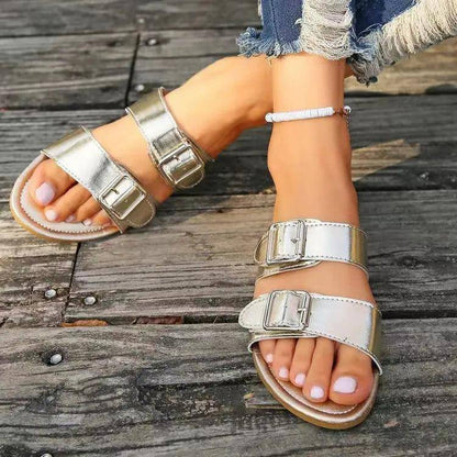 Open Toe Double Buckle Sandals - Urban Trend Fashion