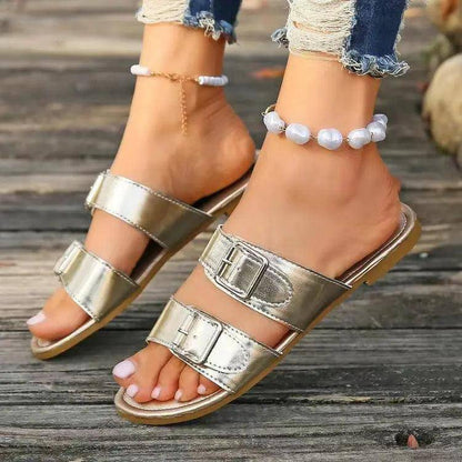 Open Toe Double Buckle Sandals - Urban Trend Fashion