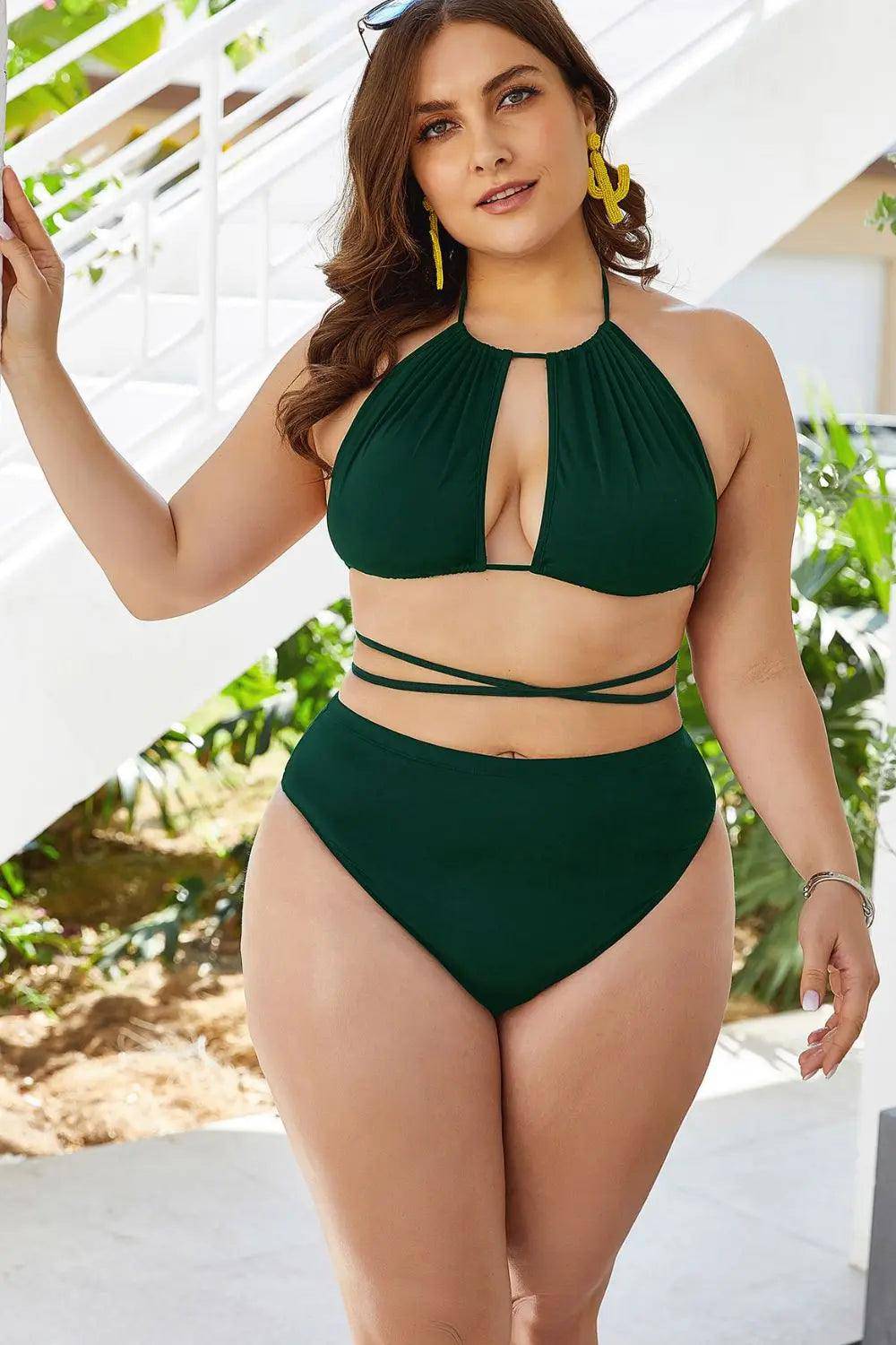 Plus Size Cutout Tied Backless Bikini Set - Urban Trend Fashion