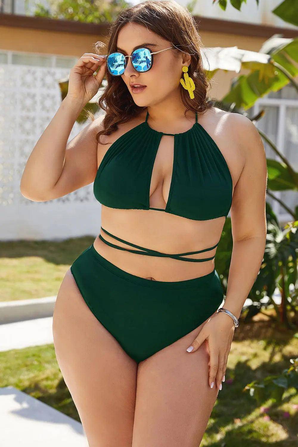 Plus Size Cutout Tied Backless Bikini Set - Urban Trend Fashion