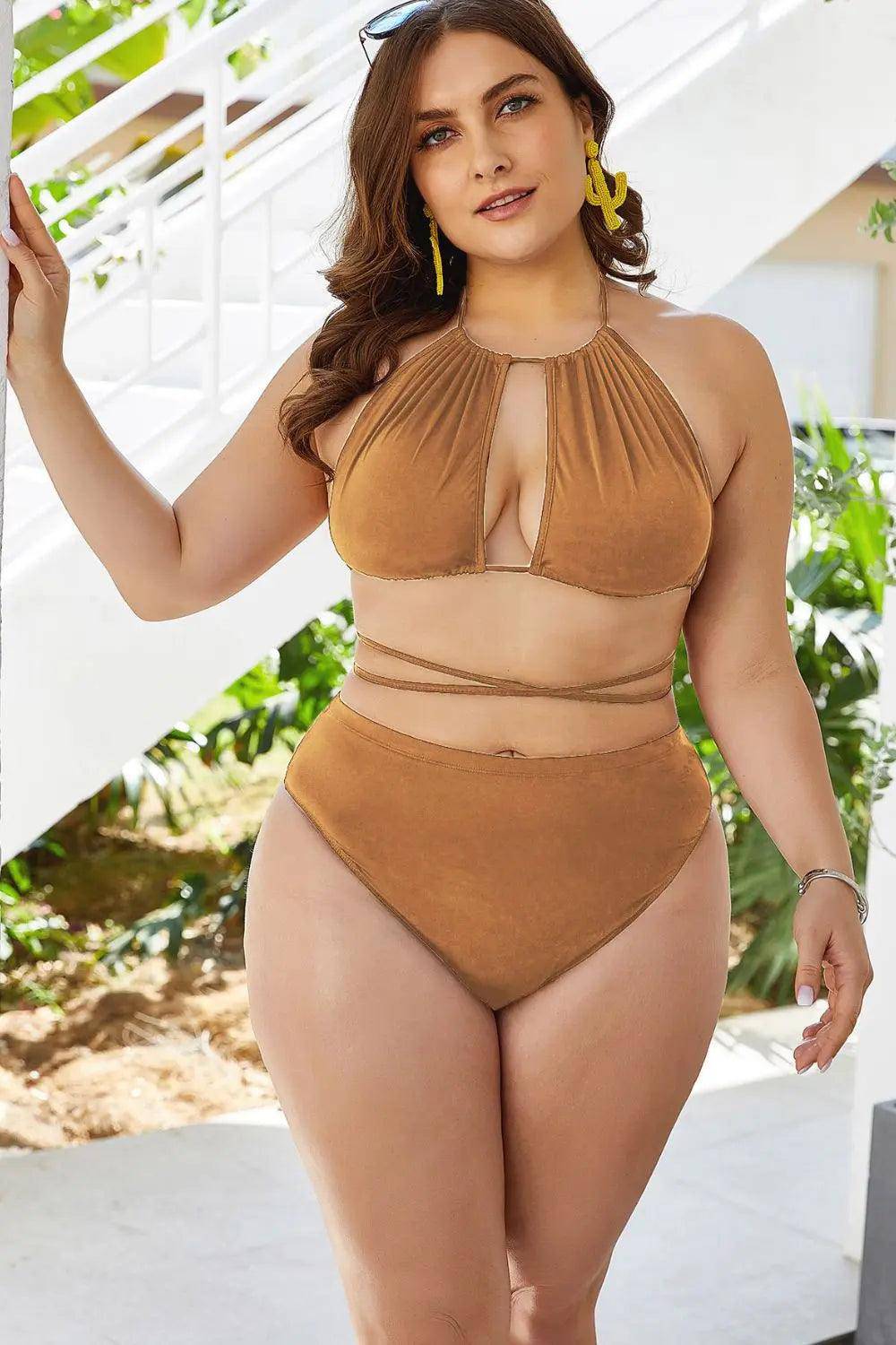 Plus Size Cutout Tied Backless Bikini Set - Urban Trend Fashion