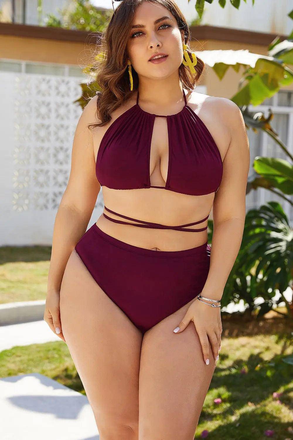 Plus Size Cutout Tied Backless Bikini Set - Urban Trend Fashion