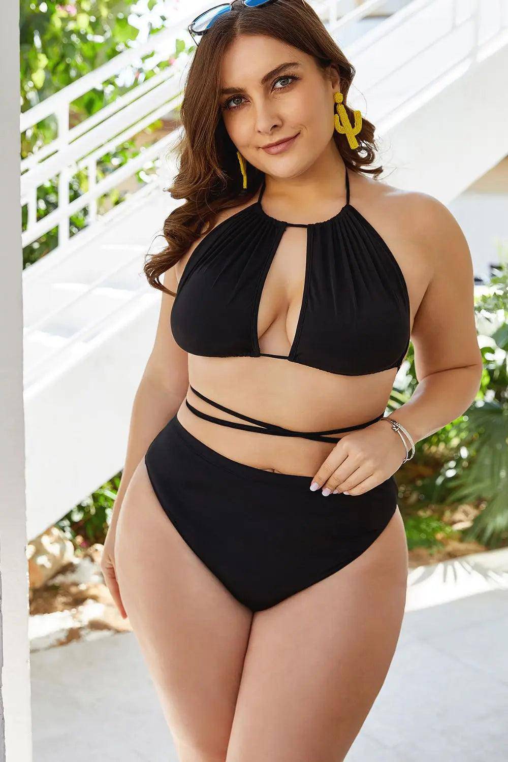 Plus Size Cutout Tied Backless Bikini Set - Urban Trend Fashion