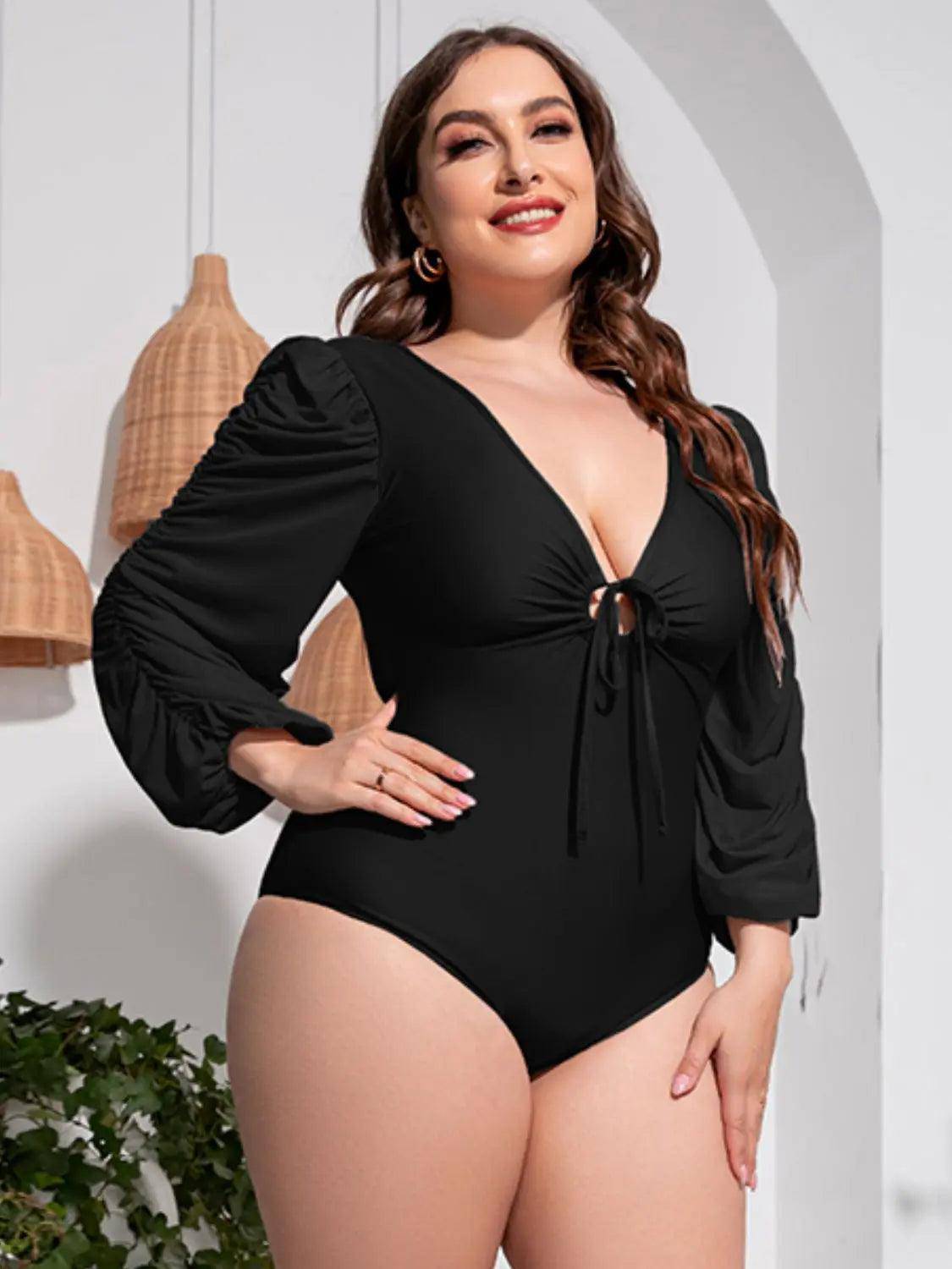 Plus Size Tied Deep V Balloon Sleeve One-Piece Swimsuit - Urban Trend Fashion