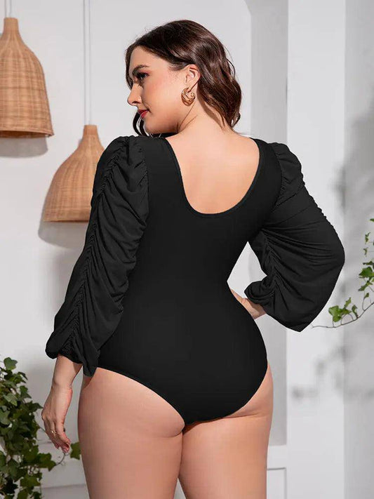 Plus Size Tied Deep V Balloon Sleeve One-Piece Swimsuit - Urban Trend Fashion